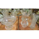 Two trays of cut glass, mainly vases, to include: a lead crystal cut glass vase etched with