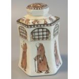 Royal Doulton series ware hexagonal jar and cover, printed with monks below windows and bell