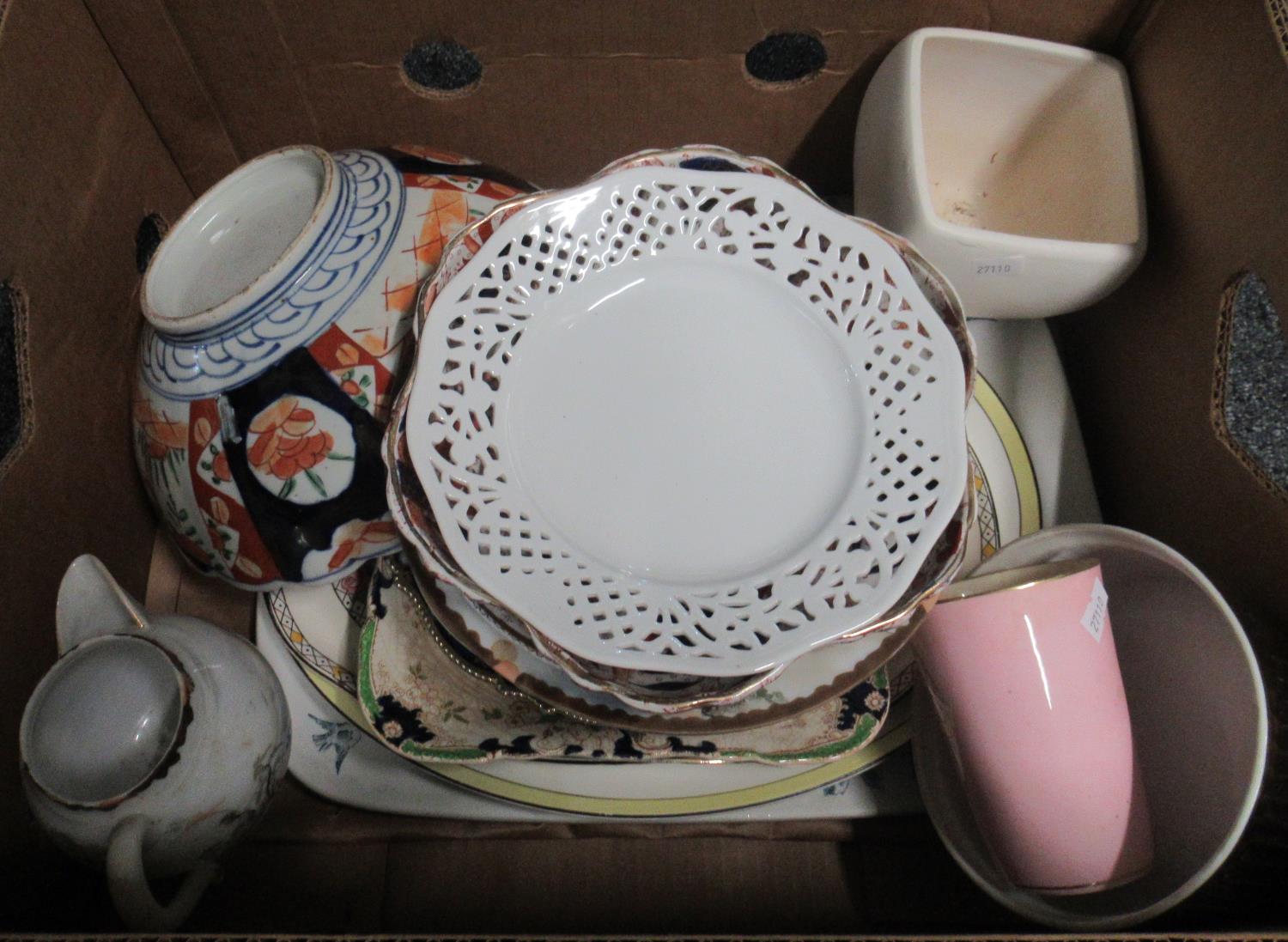 Mixed box of china to include: rectangular meat platter decorated with prunus blossom branches,