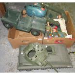 Two boxes of Action Man and other toys, jeeps, tank, figures, clothing etc. (2) (B.P. 21% + VAT)