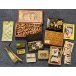 Box of items to include W.D & H.O Wills cigarette cards, chinoiserie papier mache box, vintage tins,