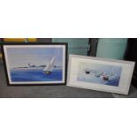 Two large coloured furnishing prints featuring sailing and rowing boats. Framed. (2) (B.P. 21 + VAT)