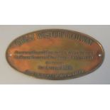 Reproduction Great Western Railway oval shaped brass machinery sign, dated 1863. 14 cm long