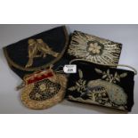Four late 19th/early 20th Century ladies clutch handbags to include; two black velvet Indian wire