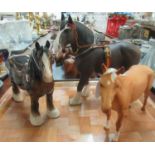 Three Beswick china horses: bay shire horse, palomino horse, and shire horse in harness. (B.P. 21% +