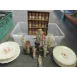 Box containing Chinese carved soapstone and rock deities/immortals with a carved hardstone stand,