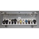 Presentation watch case with assorted wristwatches to include Sekonda, Diesel, Ferrari, reproduction