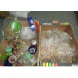 Two boxes of assorted glassware etc. to include four cut glass liquor glasses, moulded glass