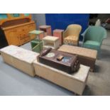 Collection of Lloyd Loom style furniture, to include ottomans, bedroom chairs, lamp tables, etc.