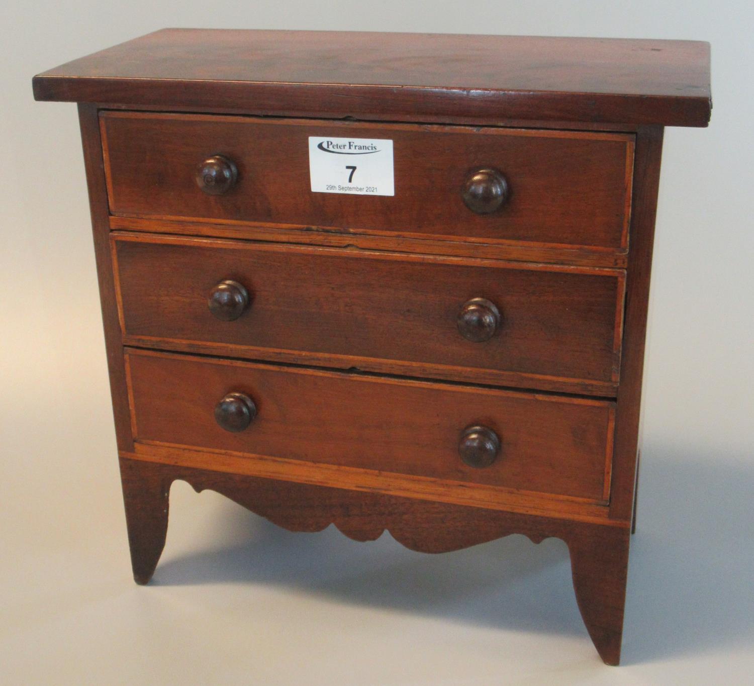 Edwardian mahogany inlaid miniature apprentice straight front chest with three drawers and turned