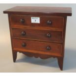Edwardian mahogany inlaid miniature apprentice straight front chest with three drawers and turned