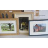 Two boxes of furnishing pictures with prints, water colours and oil to include still life with