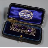Silver and amethyst brooch and a yellow metal ring. (B.P. 21% + VAT)