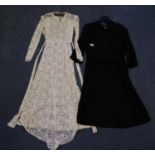 1940's long black crepe dress with 'Lucy Lane OS Model' label, together with a cream lace 1940's