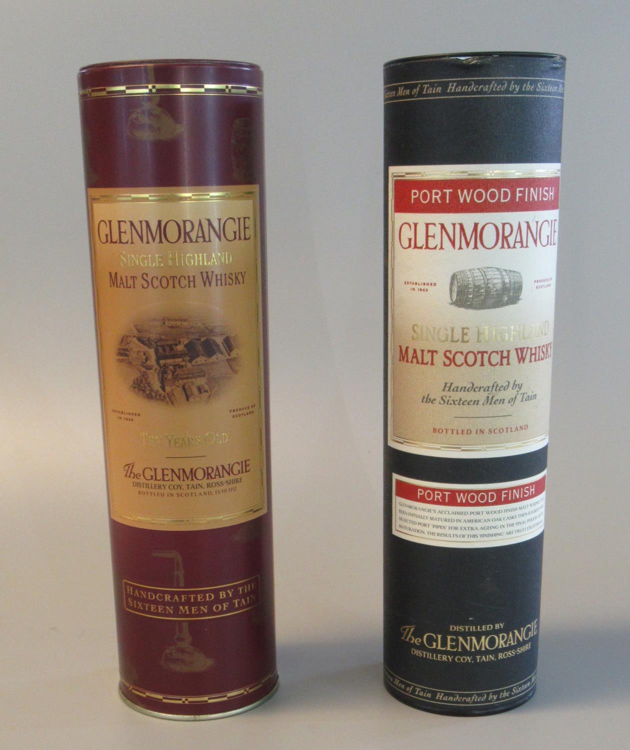 Two Glenmorangie single Highland malt scotch whisky in original tubular boxes, one port wood finish,