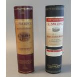 Two Glenmorangie single Highland malt scotch whisky in original tubular boxes, one port wood finish,