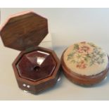 Two Victorian tapestry upholstered foot stools, one opens to reveal spittoon. Both on ceramic