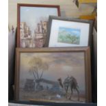 Box of assorted pictures to include black and white and coloured etchings, oils Arabian study of