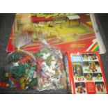 Bag of plastic farmyard animals, together with another bag of farmyard machinery and accessories,