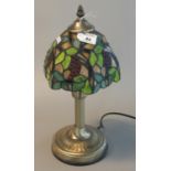 Modern brass finished Tiffany style table lamp with leaf and berry design leaded shade. 40 cm high