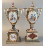 Pair of Continental, probably Austrian, porcelain urn-shaped, two-handled lidded vases. Panels are
