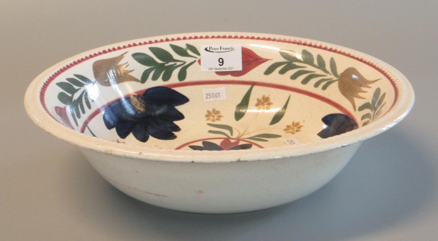 19th century Llanelly style circular bowl, hand painted with flowers and foliage. Unmarked. 29 cm - Image 2 of 2