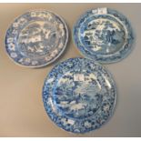 Three 19th century blue and white transfer printed plates, one willow pattern by Dilwyn, Swansea,