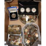 Box of assorted foreign coinage in tin and plastic tubs, including Pentyrch 2000 coin, etc. (B.P.