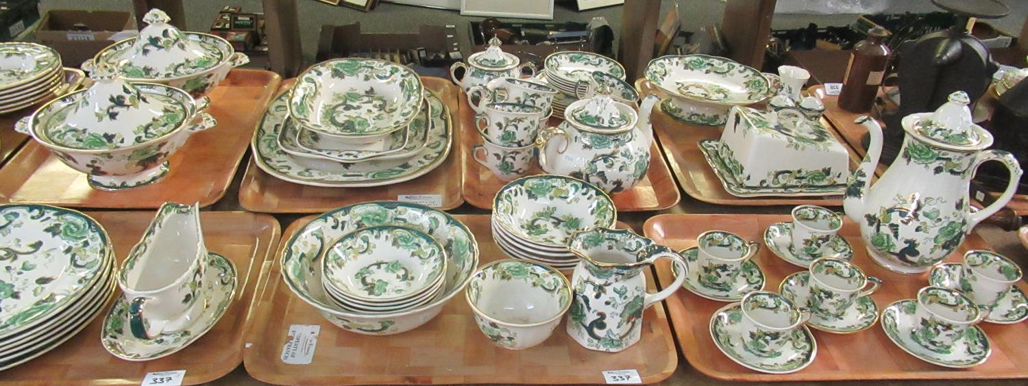 Eight trays of Masons 'Chartreuse' printed and hand-painted dinnerware decorated in greens,