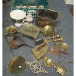 Box of brass and copper items to include: brass coal bucket, ornamental brass flat iron, brass