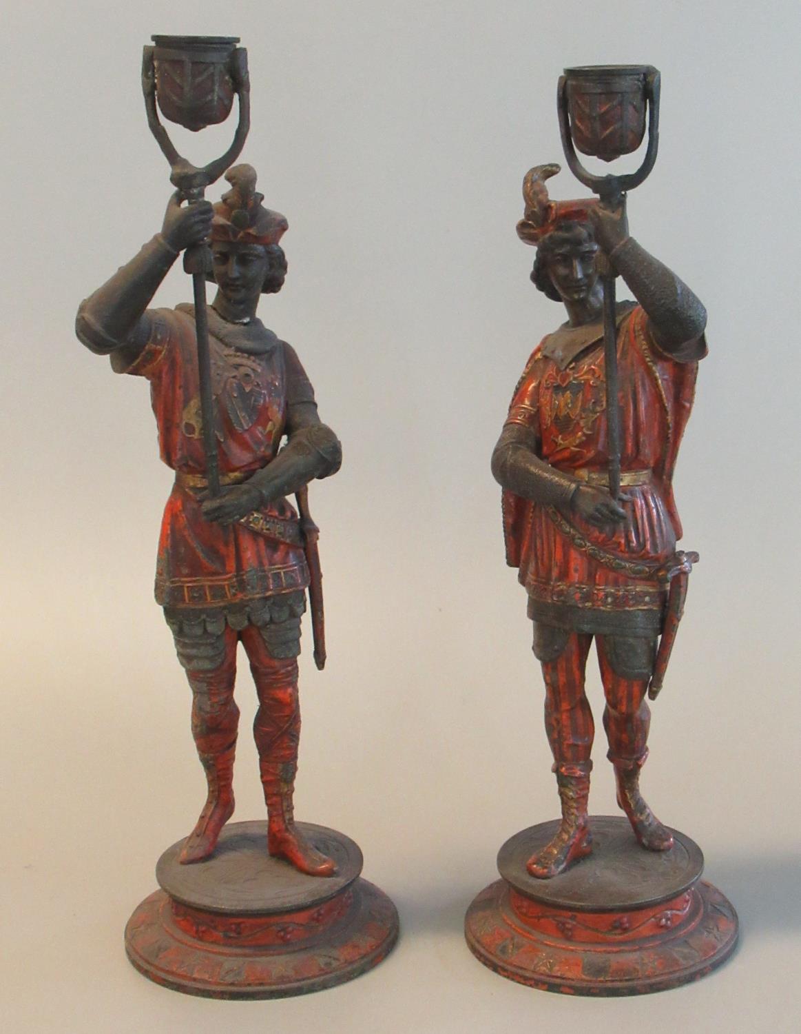 Pair of polychrome decorated and gilded spelter Italianate figures, probably depicting lamp