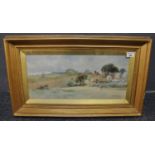 British school, a country farmstead with figures and distant hills. Water colours. Gilt frame and
