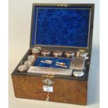 Victorian walnut ladies work box with fitted interior, containing plated jars and boxes, and lift