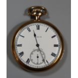 Elgin gold plated open faced pocket watch with enamel face and Roman numerals with engraved chased