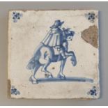 18th century delft blue and white tile depicting a man on horseback. 13x13 cm approx. (B.P. 21% +