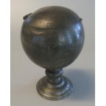 Chinese pewter globe-shaped pedestal tobacco jar with hinged lid revealing inner cover, engraved