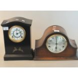 Early 20th century oak hat-shaped three train mantel clock with silvered face, together with a
