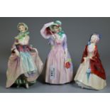 Thee Royal Doulton bone china figurines to include 'Suzette' HN1487, 'Miss Demure' Hn1402, and '