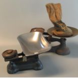 Two sets of brass kitchen scales with iron bases and weights. (B.P. 21% + VAT)