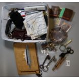 Box of oddments to include vintage spectacles, pens, vintage keys, silver plated ashtray, R.M.S