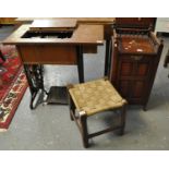 Edwardian mahogany purdonium with spindle gallery, together with a vintage singer sewing machine