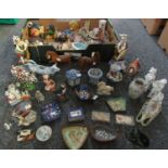 Box of assorted knick knacks and ornaments to include two cow creamers, one decorated in blue and