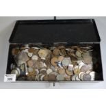 Tin box comprising assorted GB, silver, copper, and foreign coinage, West Ham United football