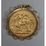 Gold full sovereign dated 1912 in a 9ct pendant mount. (B.P. 21% + VAT)