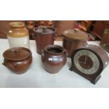 Box containing assorted items to include; a Smiths wooden mantel clock, various earthenware lidded