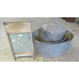 Three vintage galvanised two-handled tin baths or tubs, together with a lidded coal bin and a