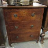 Early 20th century stained mahogany straight front narrow chest of three drawers on casters. (B.P.