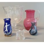 Collection of glass to include cranberry glass single-handled jug of baluster form, Mary Gregory