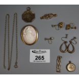 Collection of 9ct gold and yellow metal jewellery including a pink conch shell cameo and a celtic