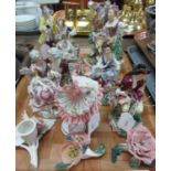 Tray of German porcelain figurines to include three Sitzendorf Dresden figurines: a dancing